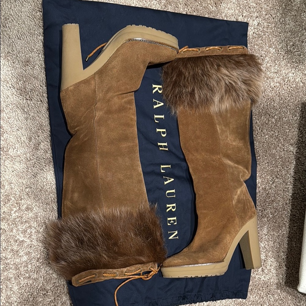 Ralph Lauren Tan Heeled Boots with Fur Trim